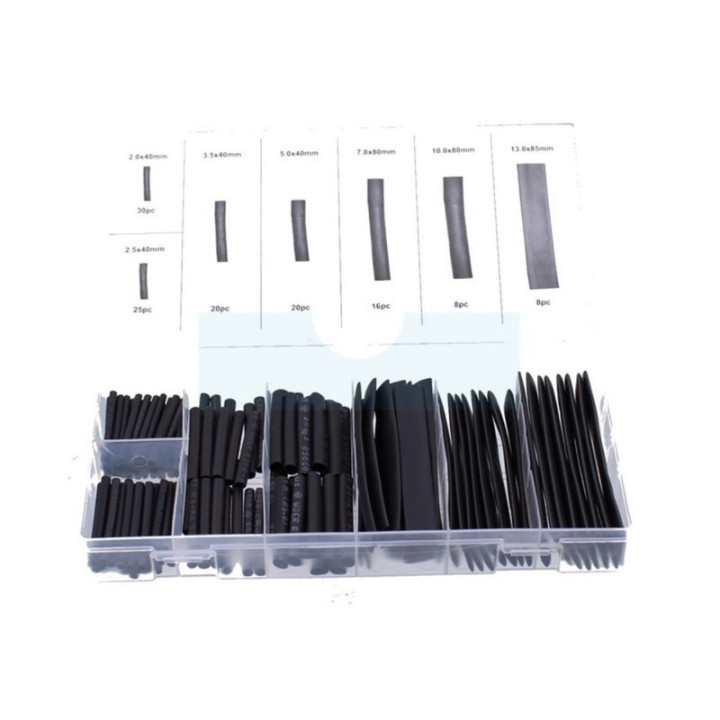 Coffret de gaine thermorétractable noir composé de 127 manchons de Ø 2 à 13mm
